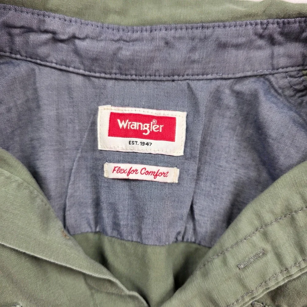 Wrangler Button Front Shirt Mens Small Olive Green Short Sleeve Flex‎ Comfort